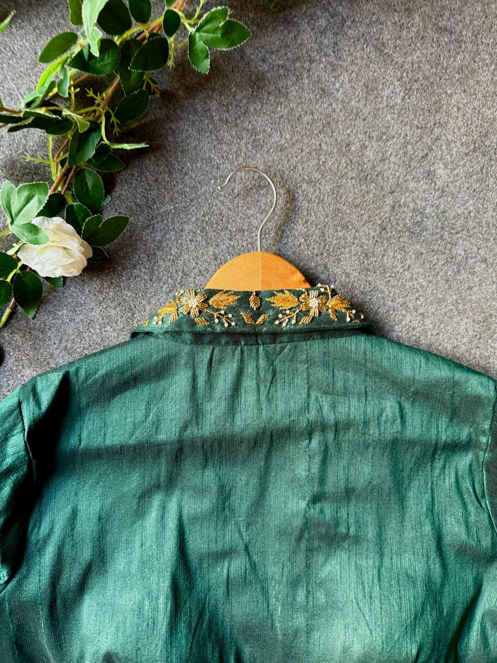 Green silk collar hand worked blouse