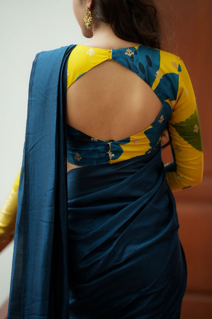 Deep blue marble silk saree with embroidery blouse