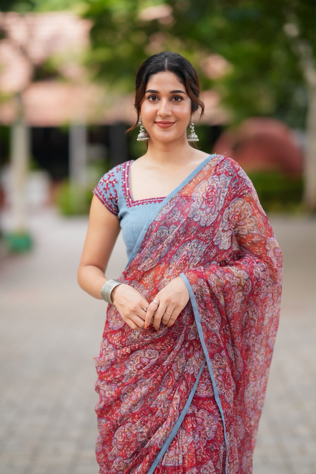 Maroon cotton kota saree with hand work blouse