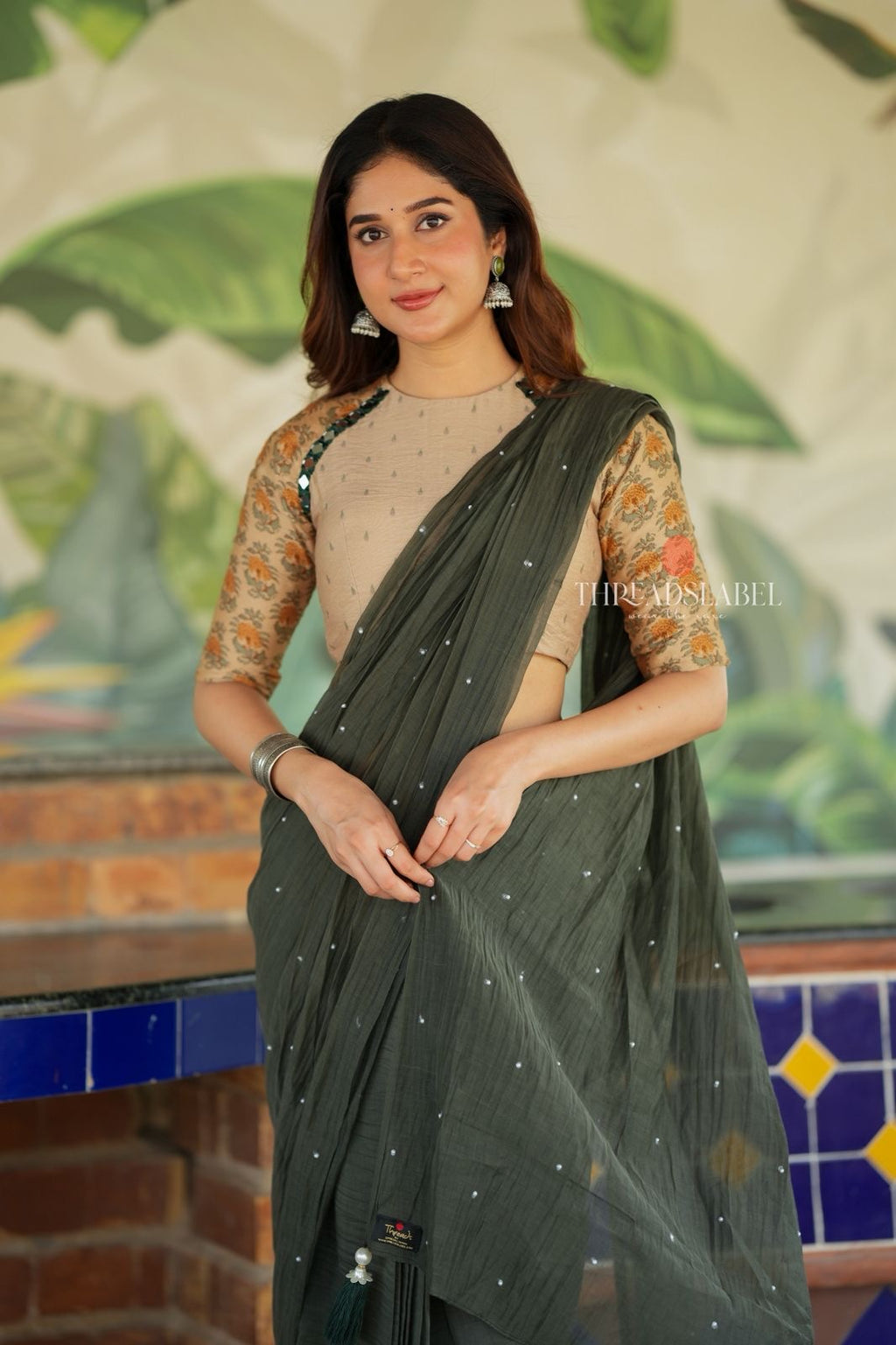 Bottle green mul chanderi saree with mirror work blouse