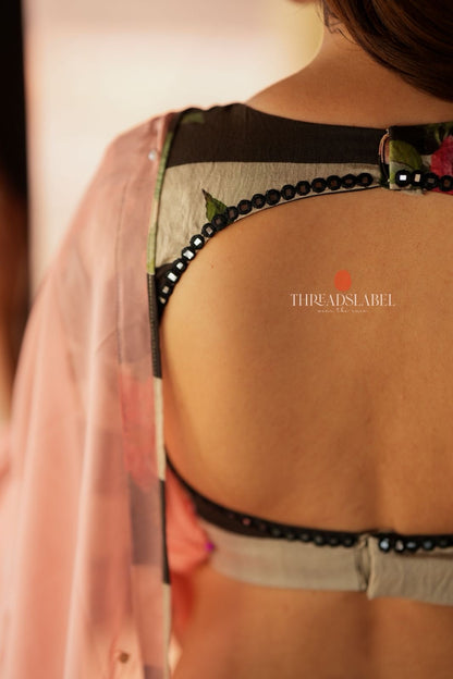 Peach organza saree with chanderi mirror blouse