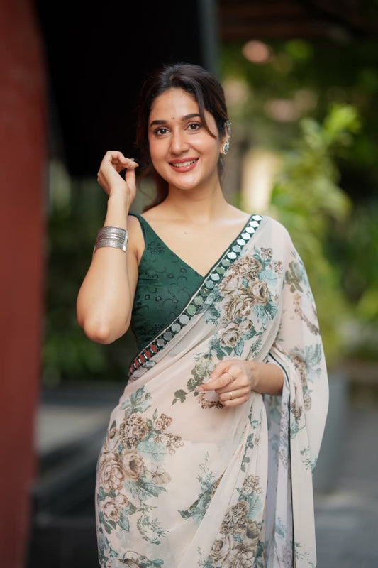 Half white chiffon floral saree with hand work blouse