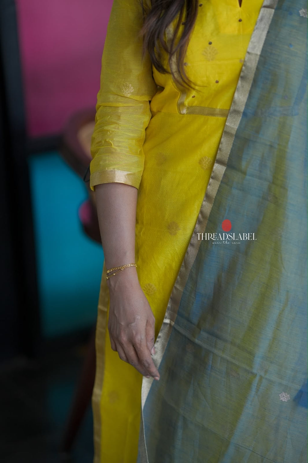 Yellow & blue chanderi 3 piece kurti