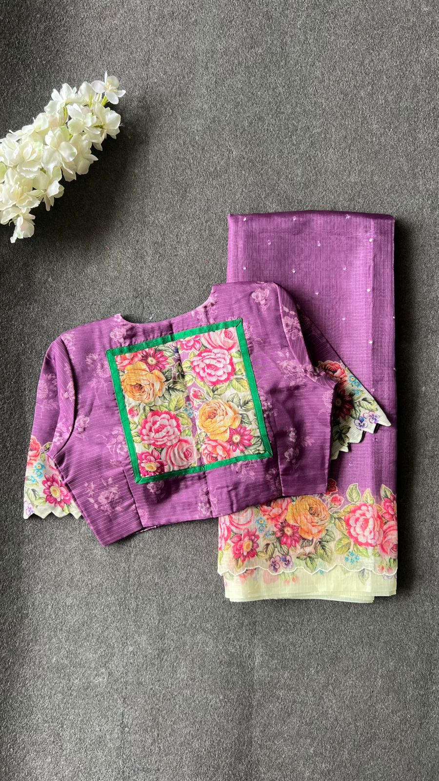 Lavender purple floral kota doria saree with patterned blouse