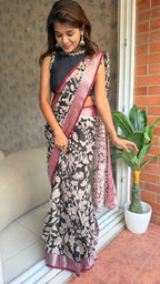 Black linen cotton kalamkari saree with embroidery blouse