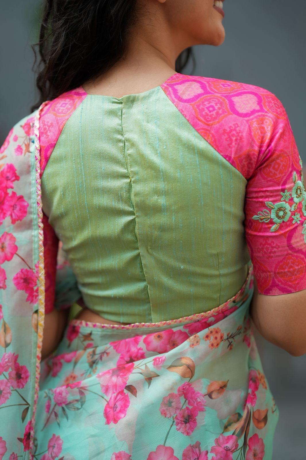 Pista floral organza saree with hand work blouse