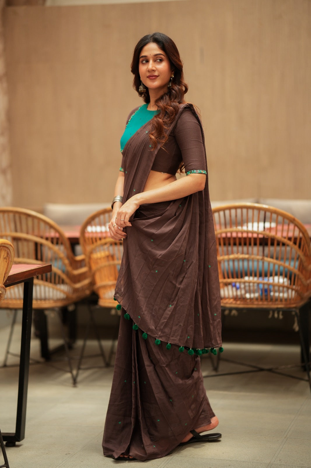 Dark brown mul chanderi with mirror blouse