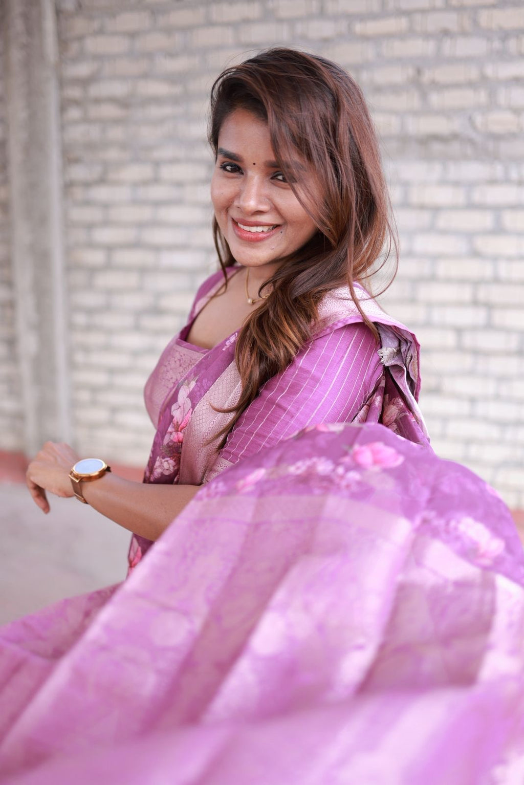 Cheryl pink georgette saree with patterned blouse