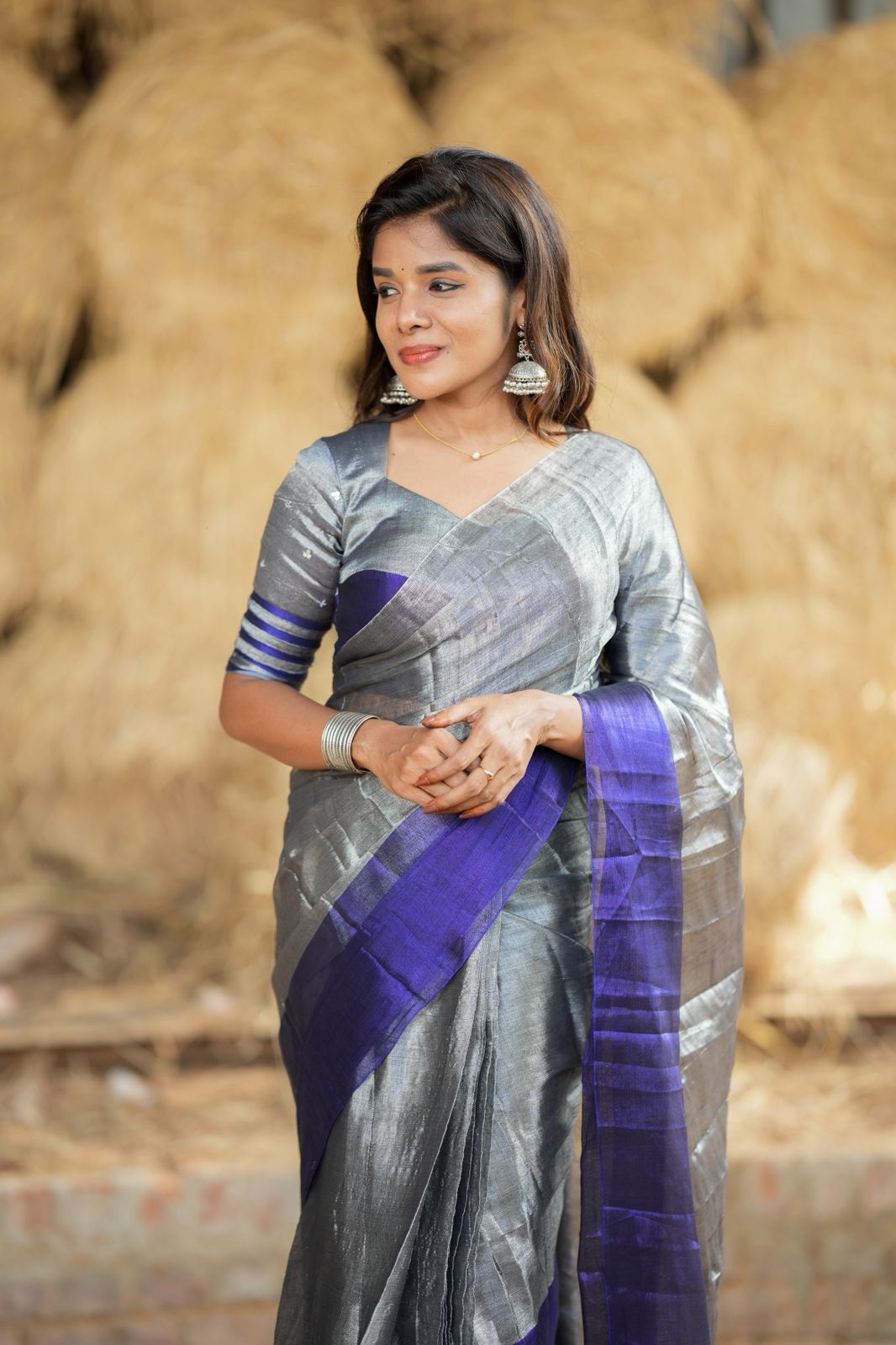 Silver grey blue soft tissue saree with handwork blouse