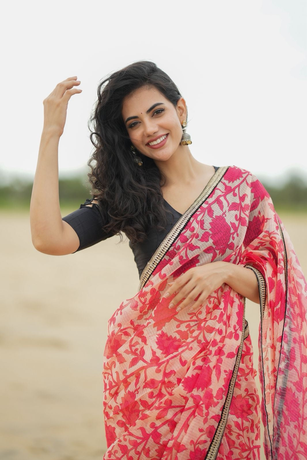 Cream red kota saree with silk hand work blouse