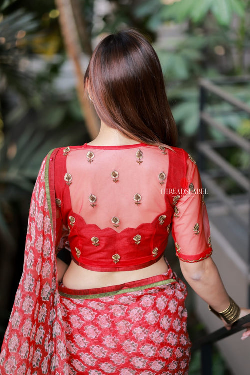 Red cotton kota saree with hand work blouse