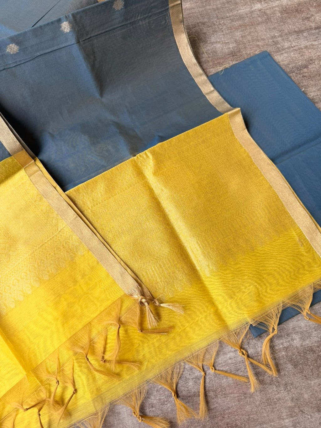 Yellow & blue chanderi 3 piece kurti