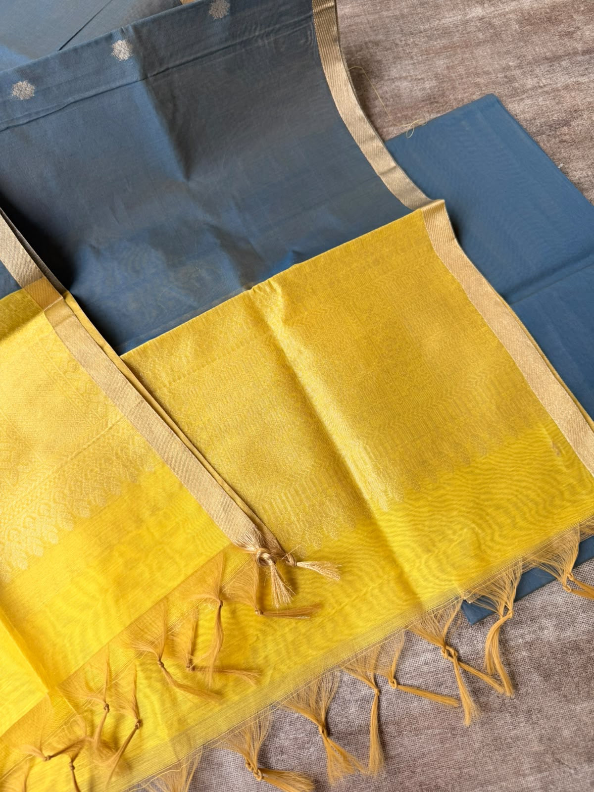 Yellow & blue chanderi 3 piece kurti
