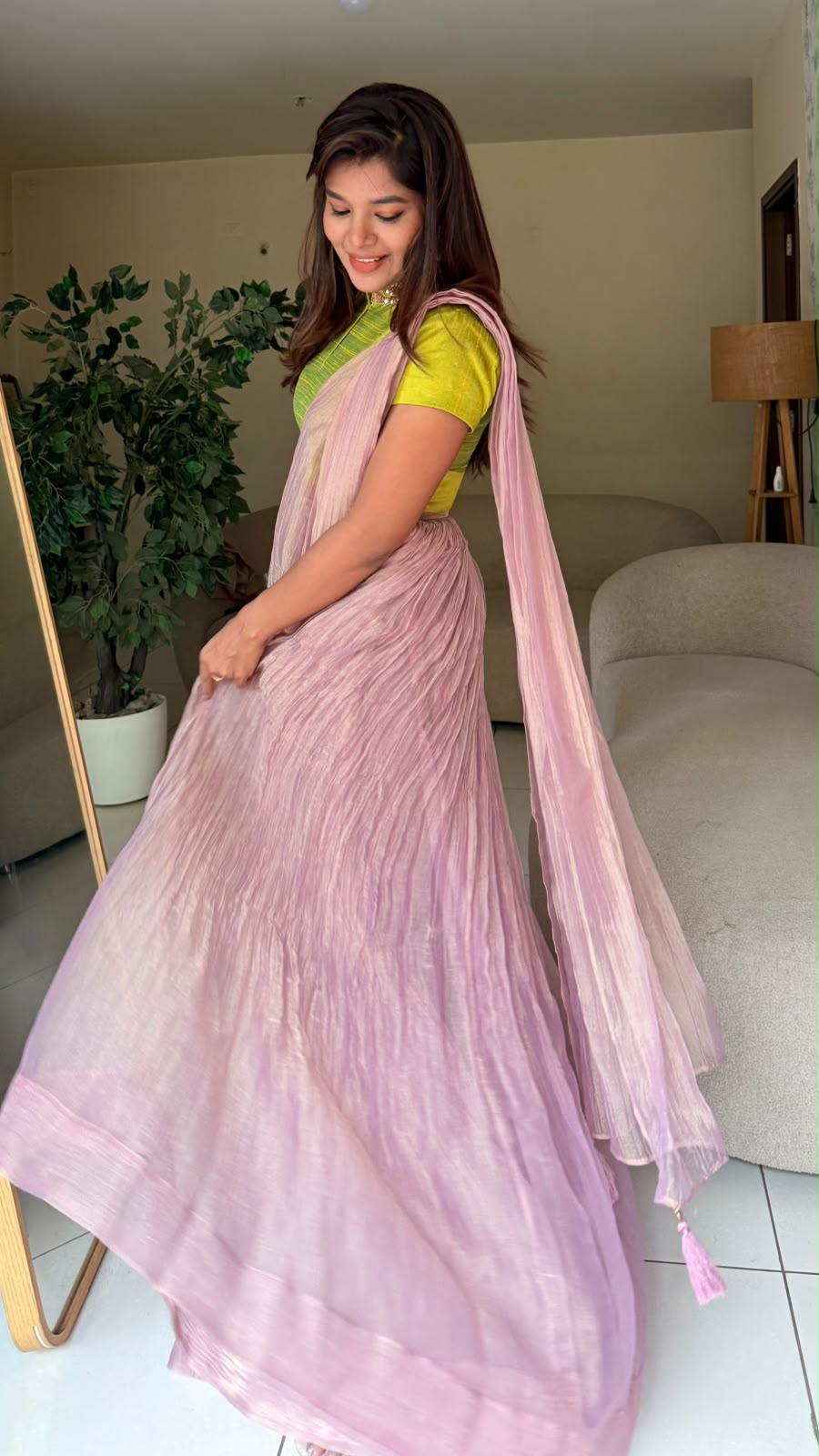Purple pink tissue hand work lehenga