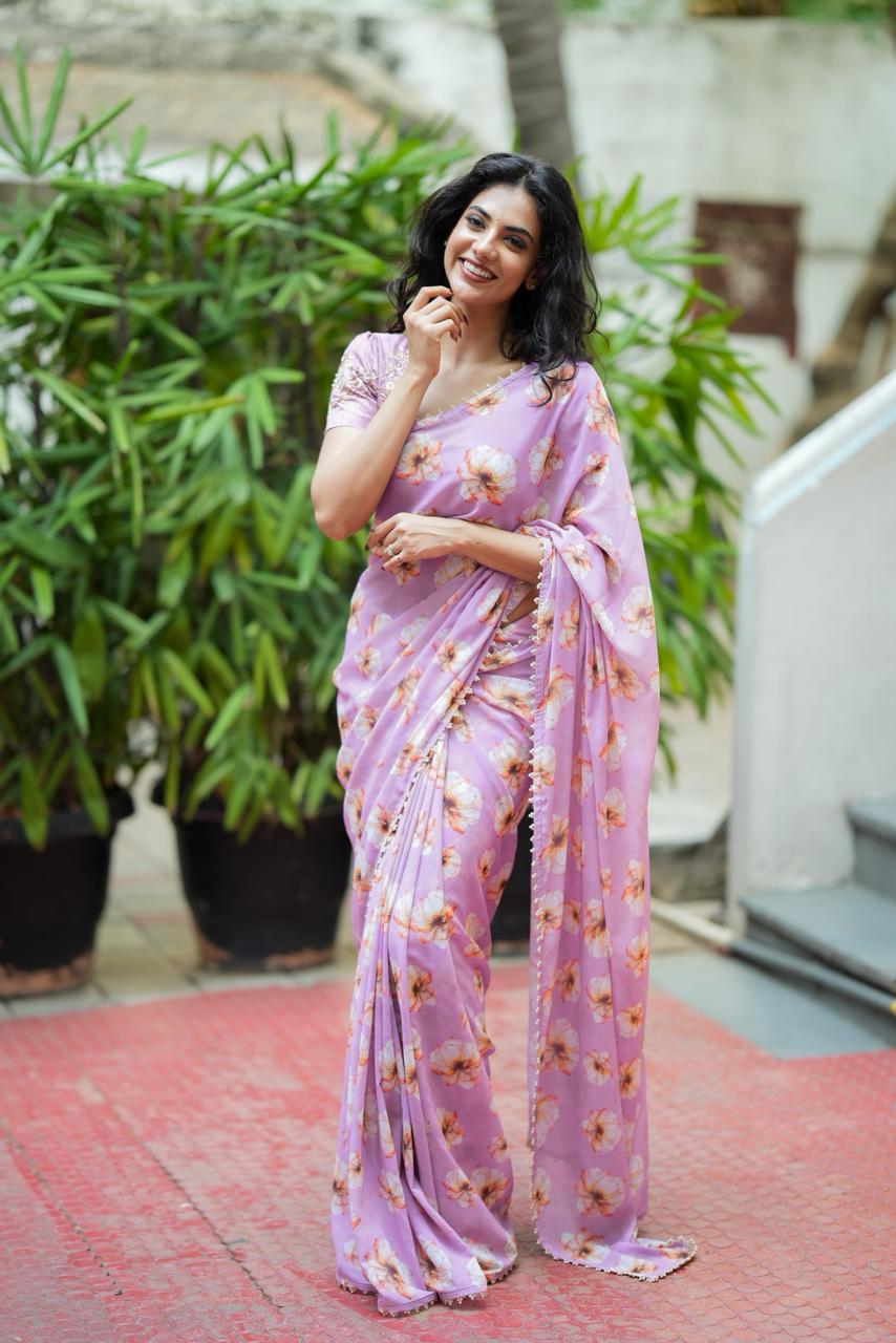 Lavender georgette saree with silk hand work blouse