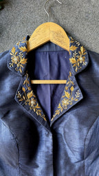 Midnight blue silk collar hand worked blouse