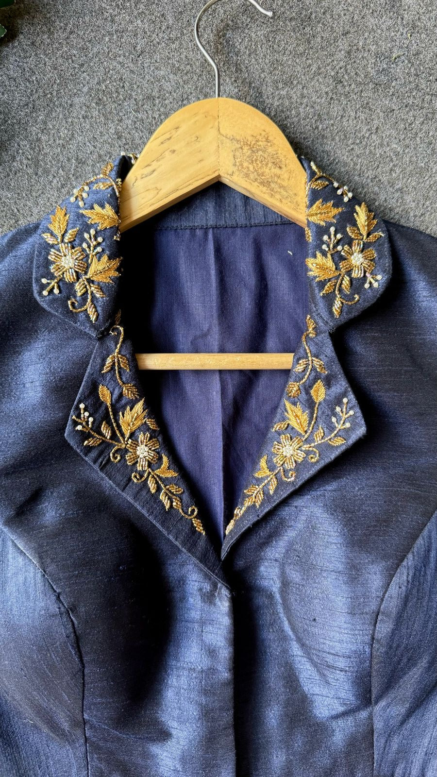 Midnight blue silk collar hand worked blouse