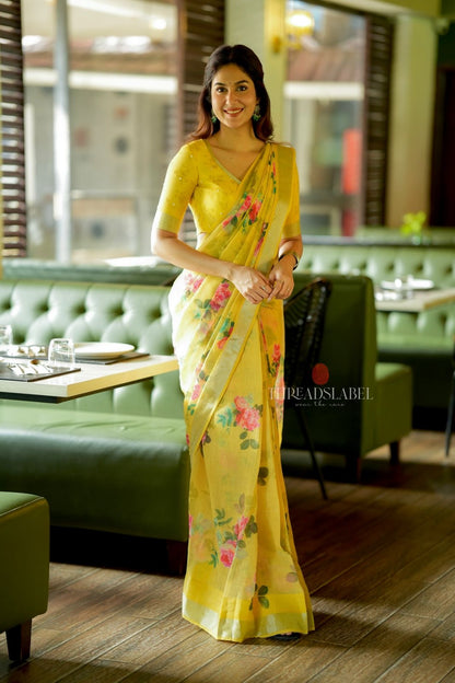 Yellow linen cotton saree with hand work blouse