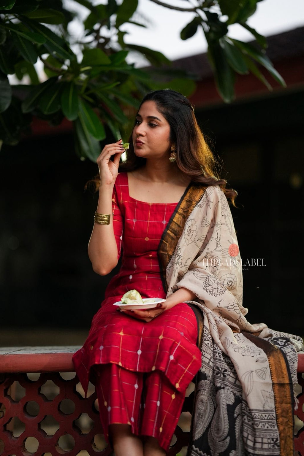 Red checked zari woven kurti