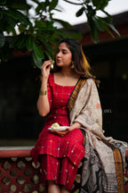 Red checked zari woven kurti