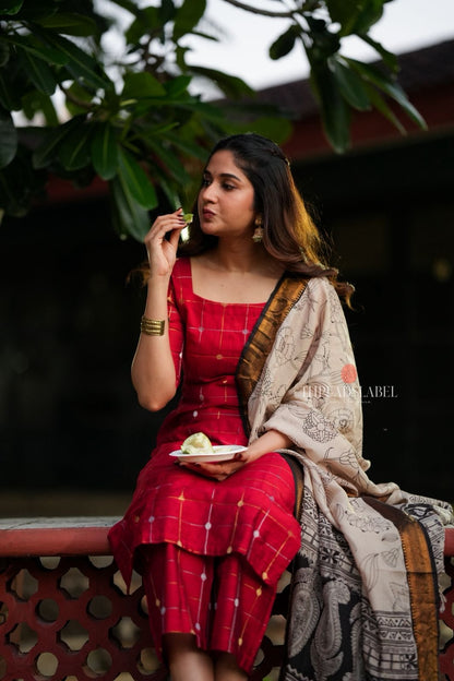Red checked zari woven kurti