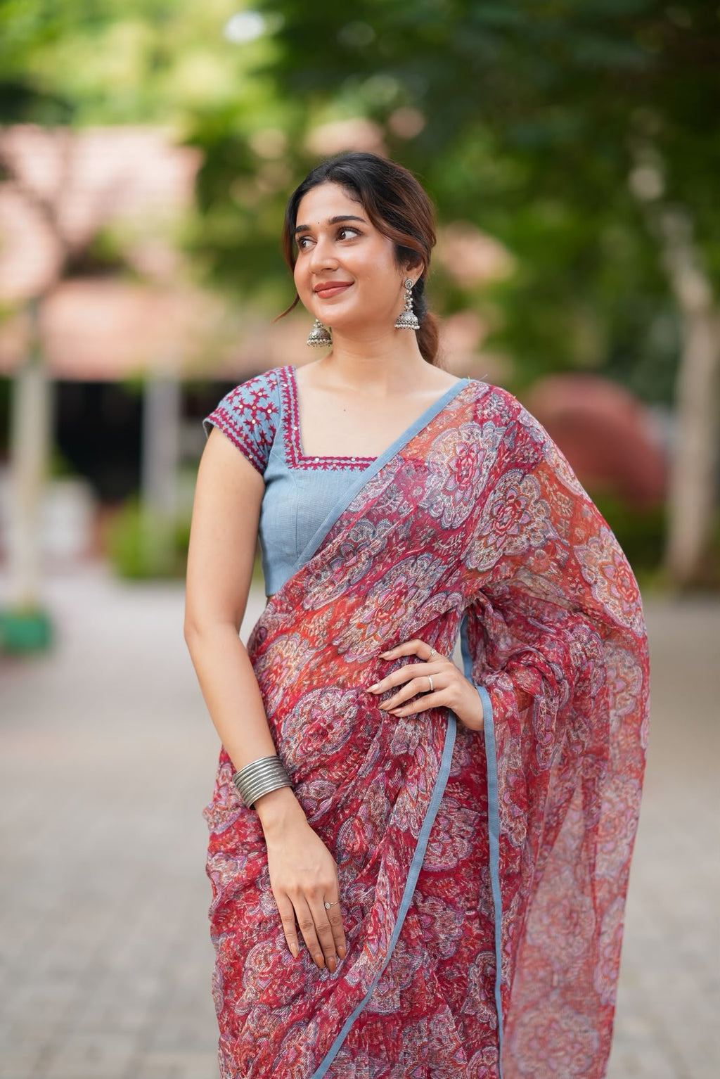 Maroon cotton kota saree with hand work blouse