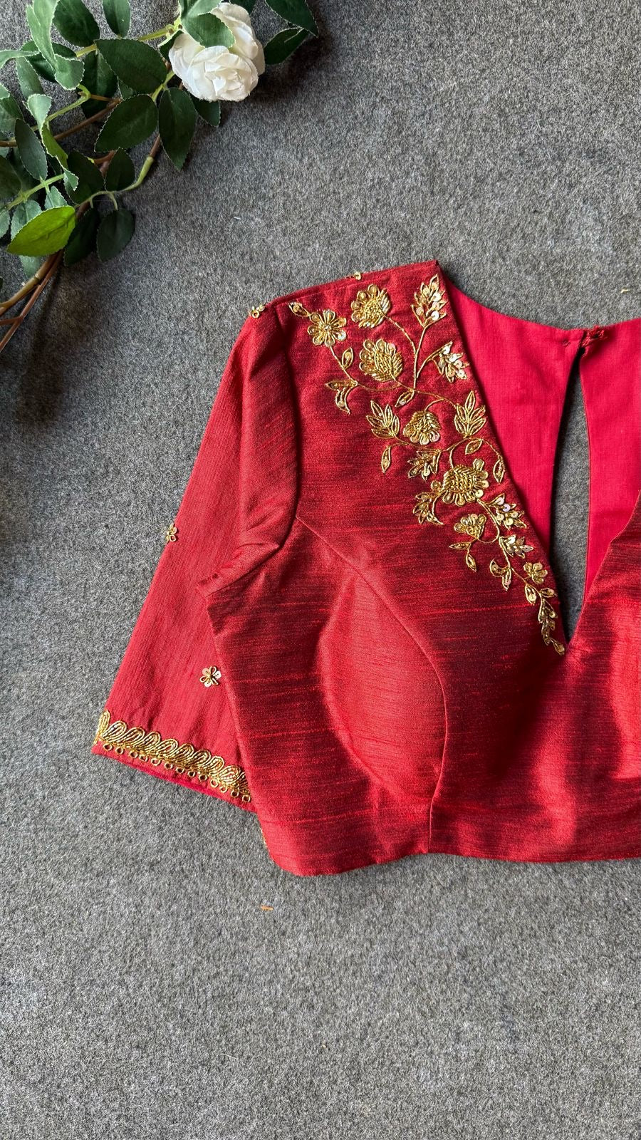 Maroon silk shoulder hand worked blouse