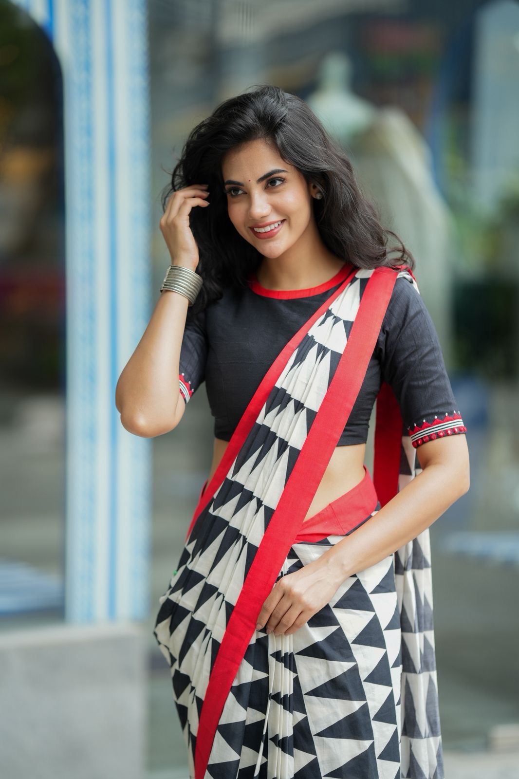 Black & white triangle saree with black hand work blouse