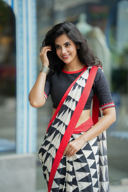 Black & white triangle saree with black hand work blouse