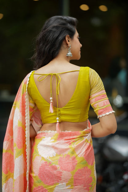 Lime yellow silk & netted hand work blouse (only blouse)