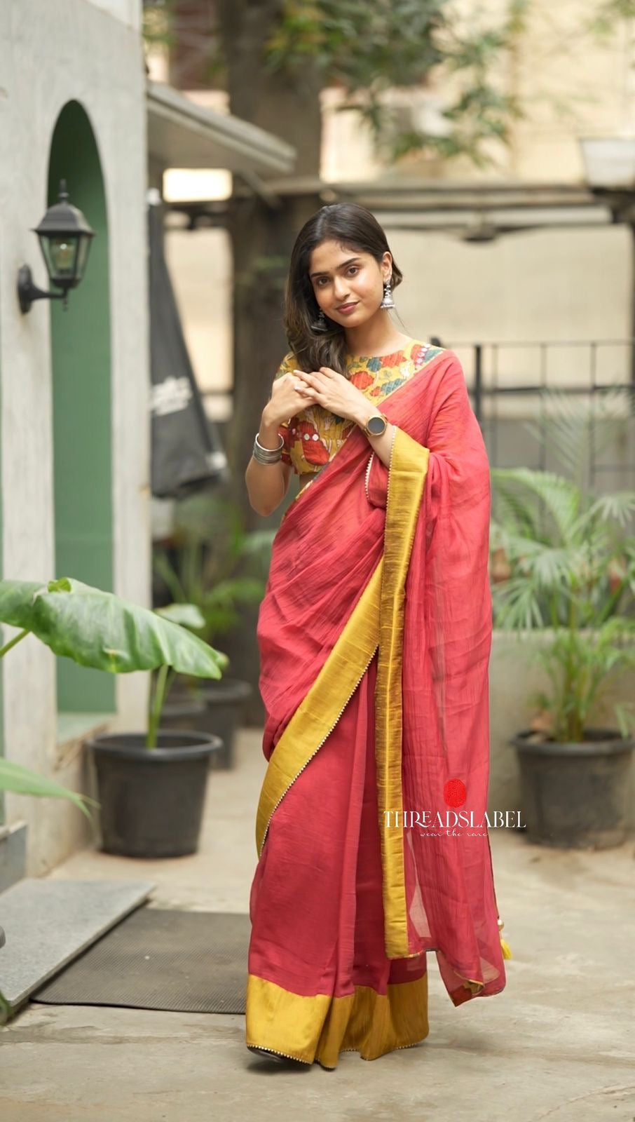 Maroon mul cotton saree with kalamkari mirror blouse