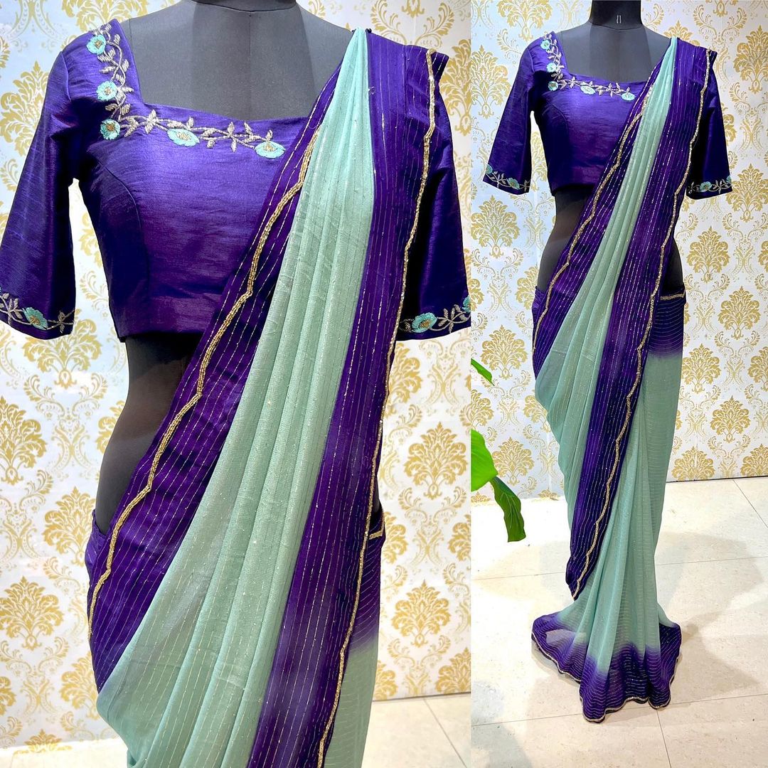 Ombre blue chiffon saree with hand work blouse