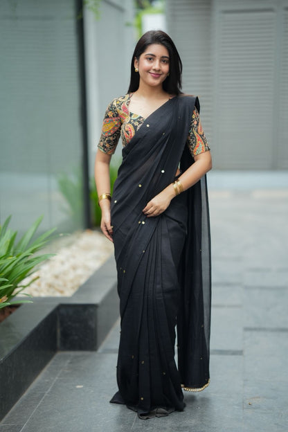 Black malai chanderi saree with heavy embroidery blouse