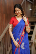 Blue organza cow with red hand work blouse
