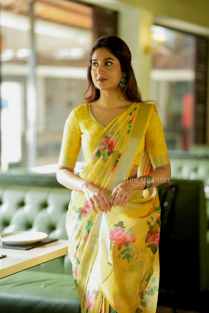 Yellow linen cotton saree with hand work blouse
