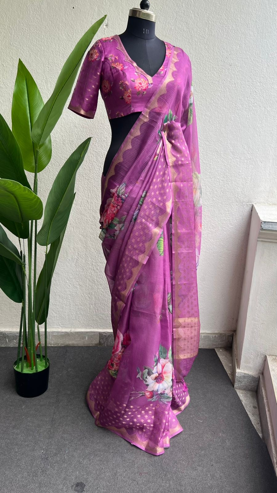 Light megenta kota floral saree with blouse