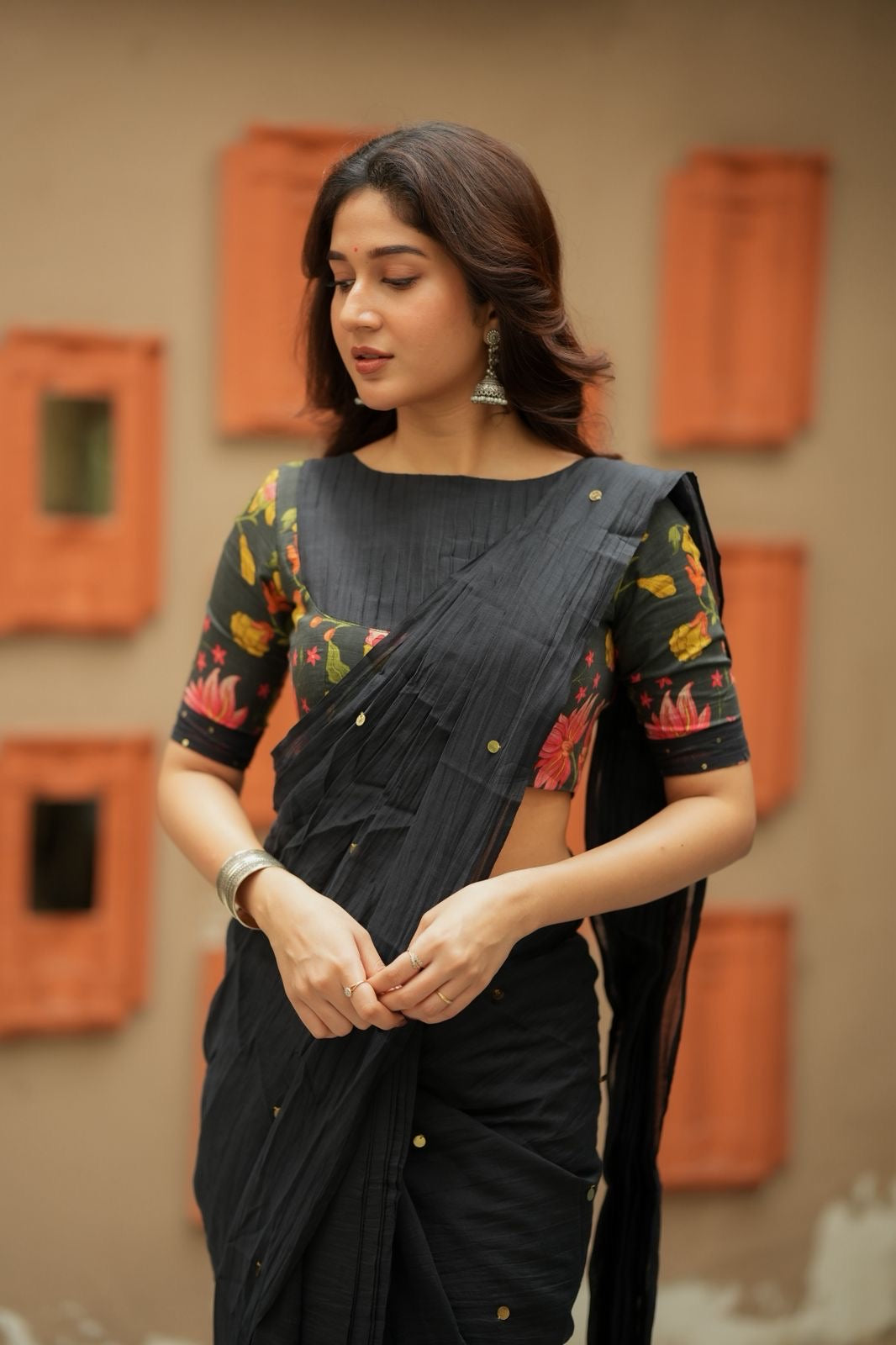 Black chanderi cotton floral print blouse (only blouse)