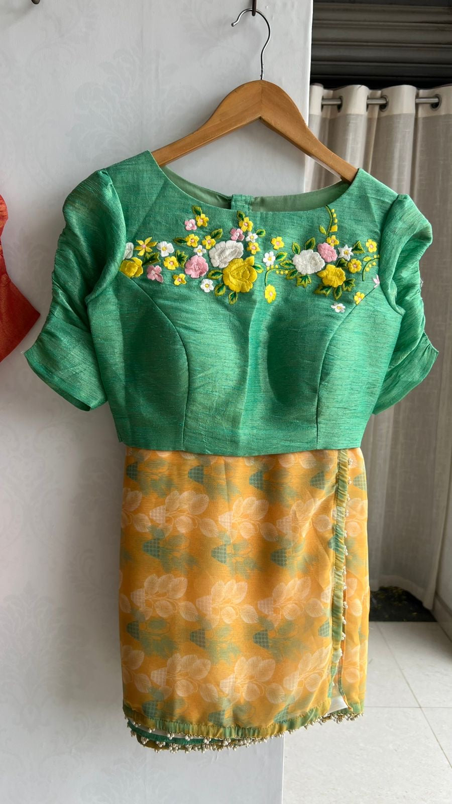 Green tissue floral hand work blouse (only blouse)
