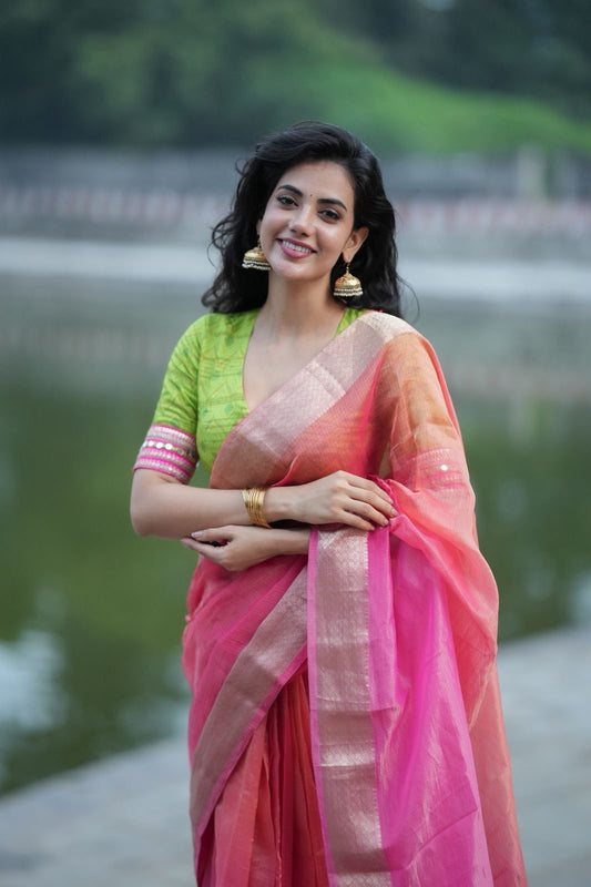 Pink & orange banarasi silk saree