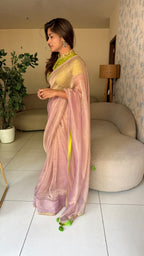 Purple pink tissue saree with hand work blouse