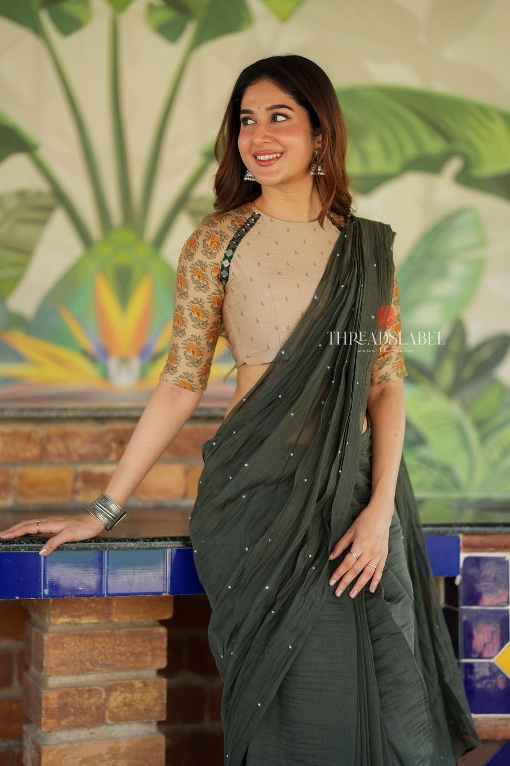 Bottle green mul chanderi saree with mirror work blouse