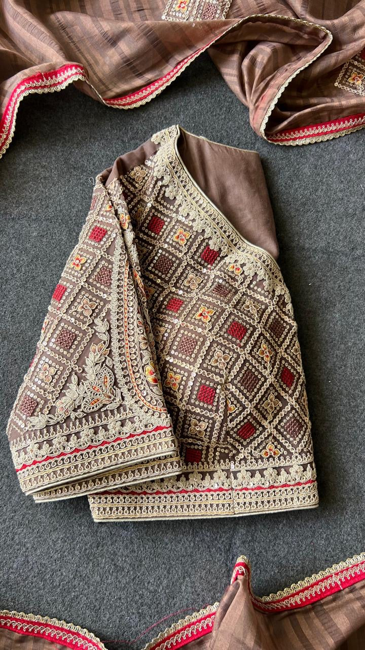 Caramel muslin silk embroidery saree with blouse