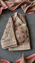 Caramel muslin silk embroidery saree with blouse