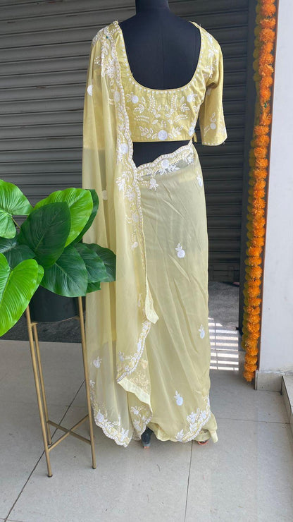 Banana yellow organza saree with silk embroidery blouse