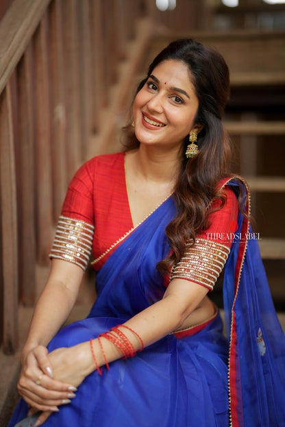 Blue organza cow with red hand work blouse