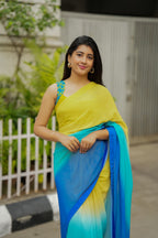 Multi georgette saree with yellow hand made blouse