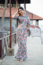 Blue floral georgette saree with grey embroidery blouse
