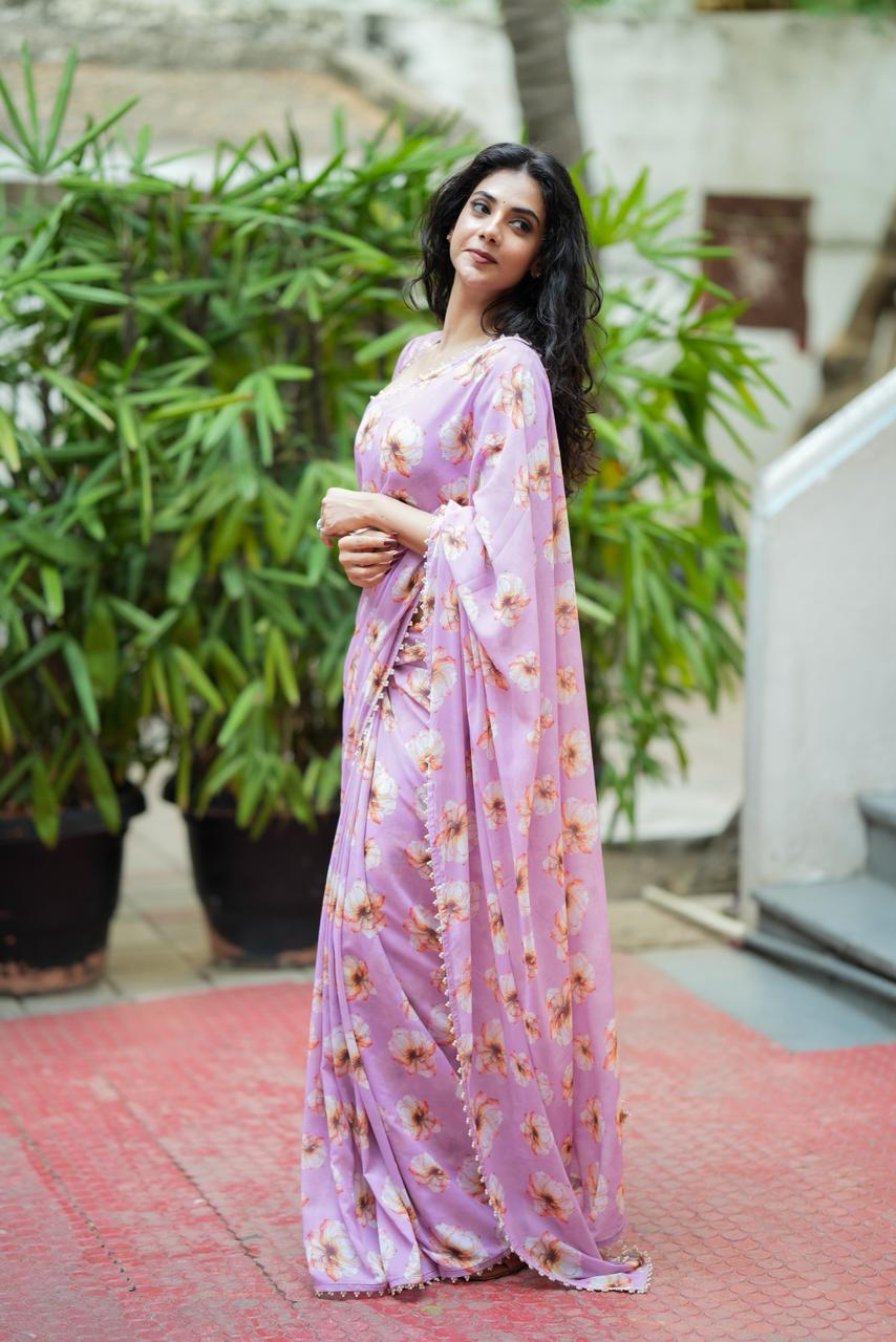 Lavender georgette saree with silk hand work blouse