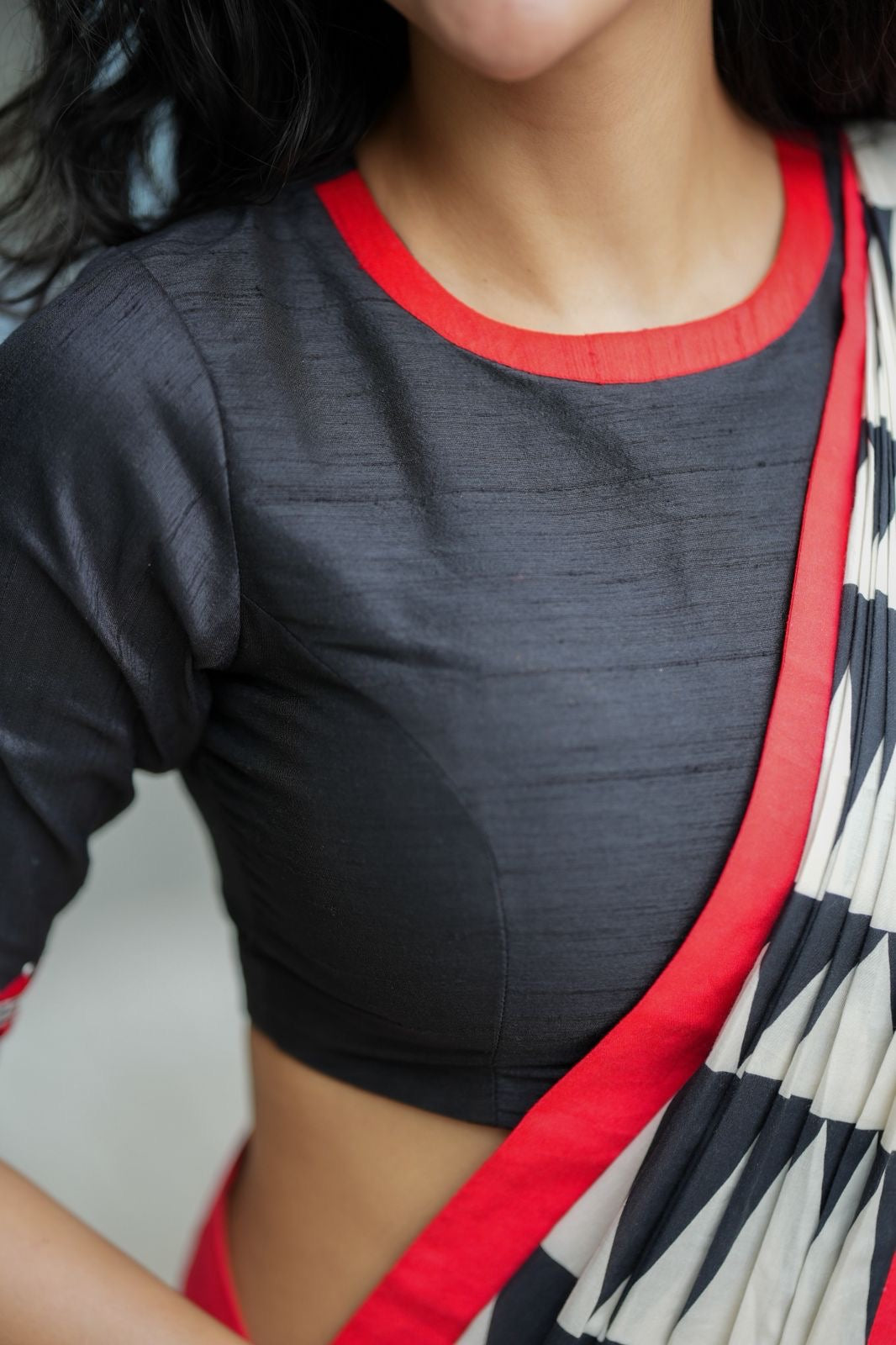 Black & white triangle saree with black hand work blouse