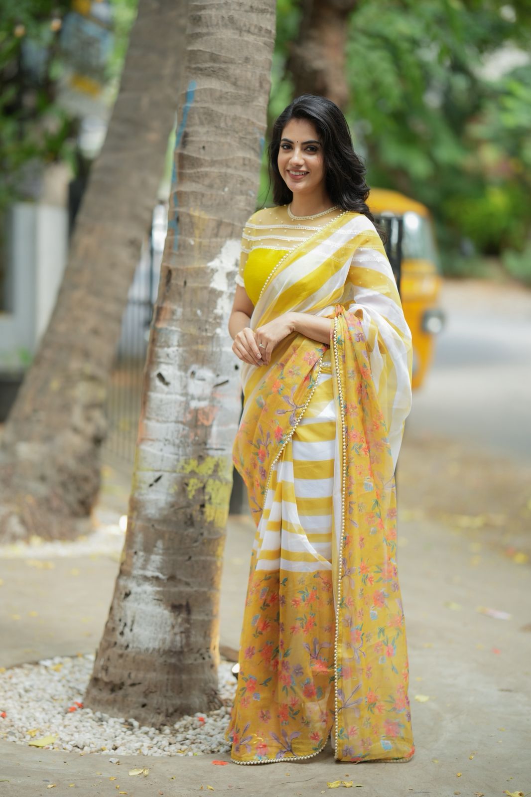 Fenugreek organza saree with hand work blouse